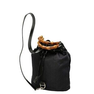 Gucci Nylon Bag Shoulder Black Top Leather Handle 2way Bamboo Handbag